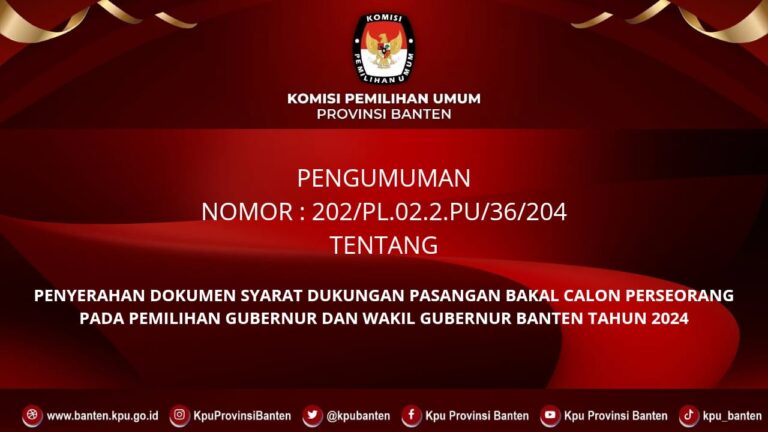 Pengumuman Penyerahan Dokumen Syarat Dukungan Bakal Calon Perseorangan Pemilihan Gubernur Banten 2024